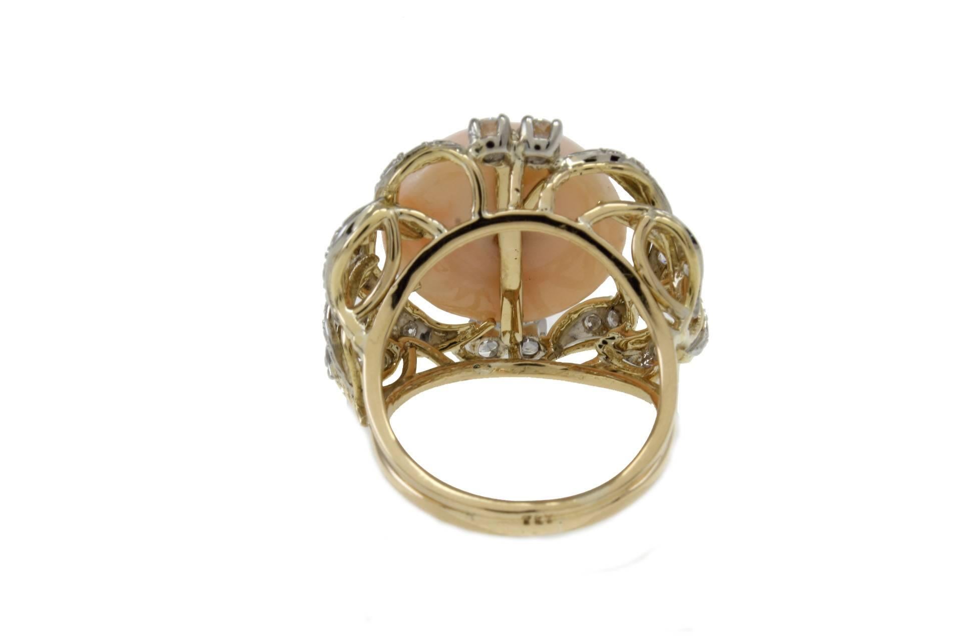 Retro  Coral Diamond Gold Cluster Ring