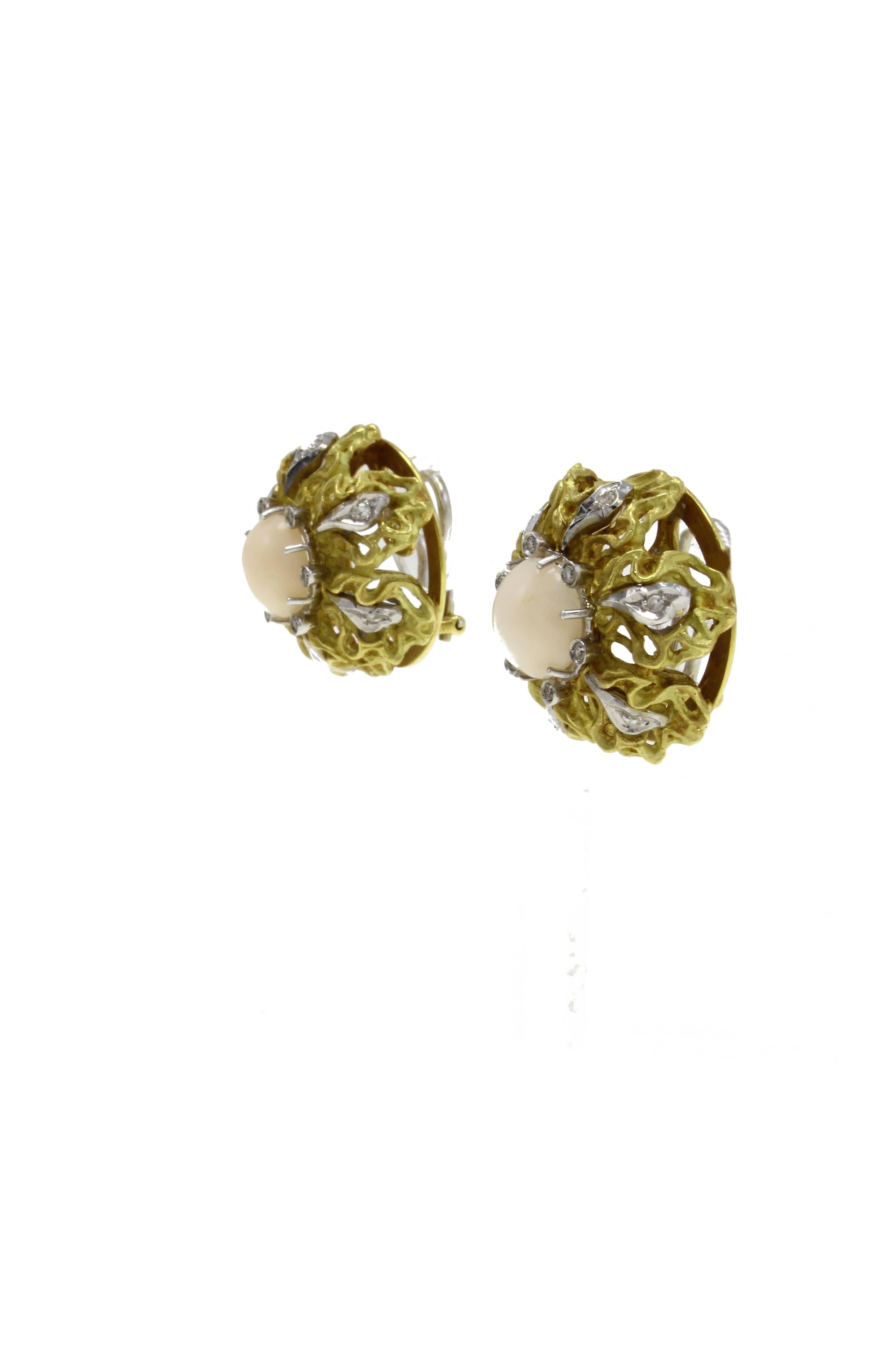Retro White Diamonds, Pink Coral Buttons, 18 Kt Yellow and White Gold Clip-on Earrings For Sale