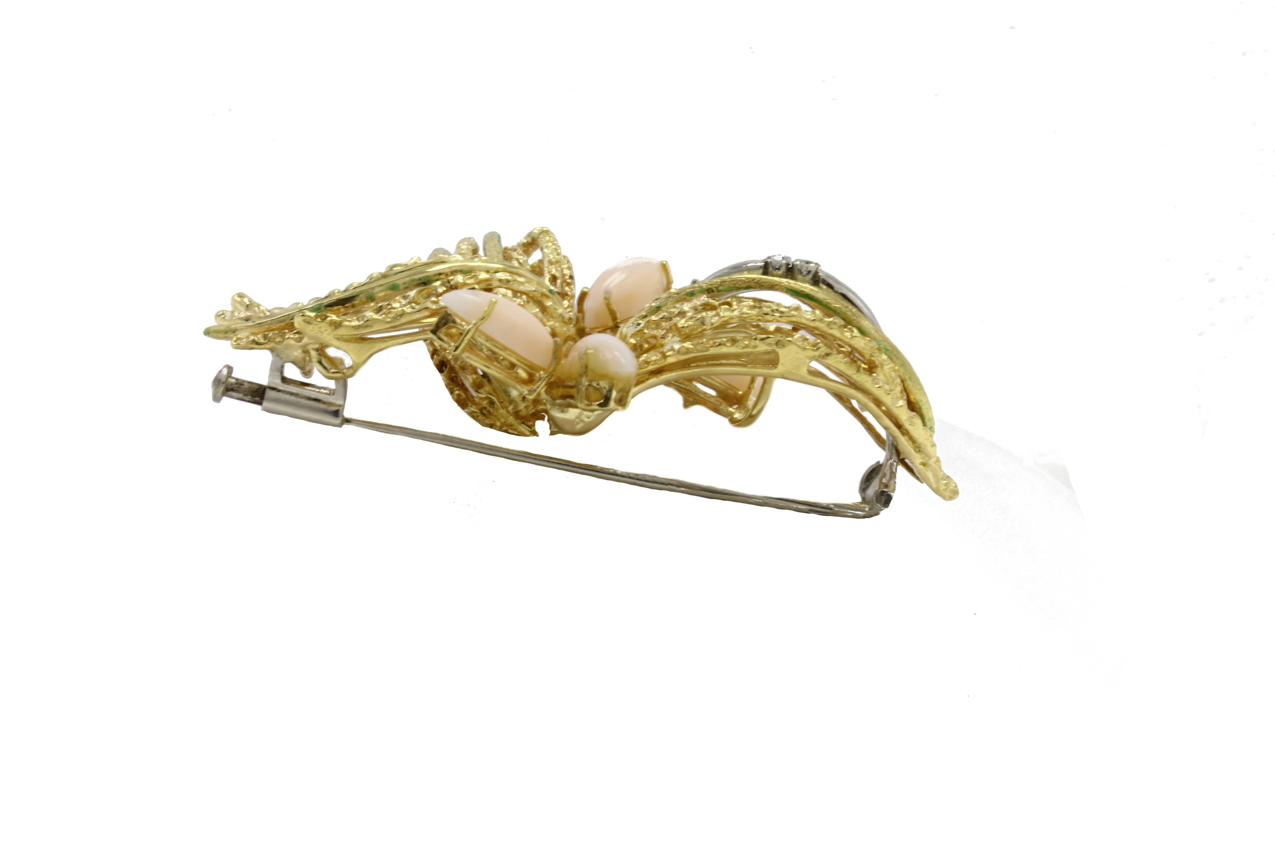 Retro White Diamonds, Navette Shape Pink Coral, 18K White and Yellow Gold Brooch For Sale