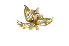 White Diamonds, Navette Shape Pink Coral, 18K White and Yellow Gold Brooch