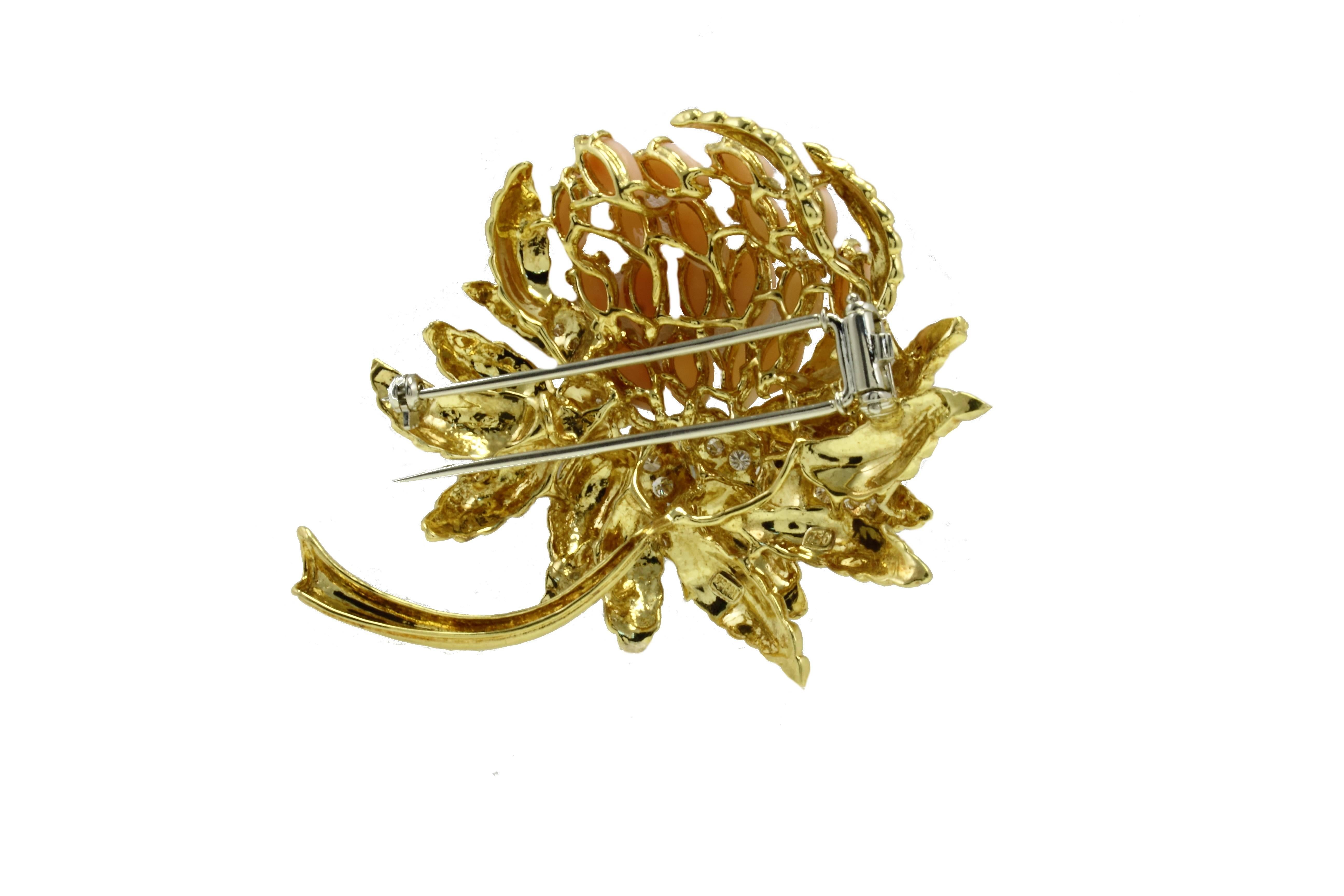 Retro  Coral Diamond Gold Brooch