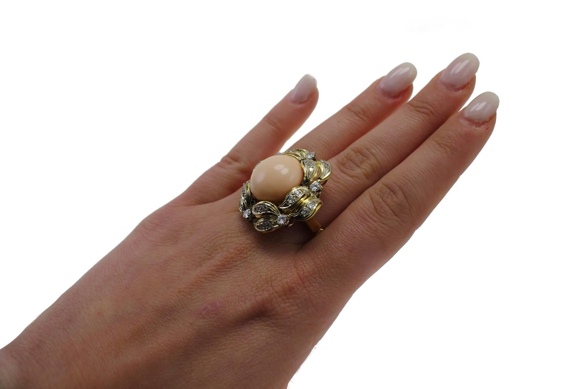 Women's or Men's  Coral Diamond Gold Cluster Ring