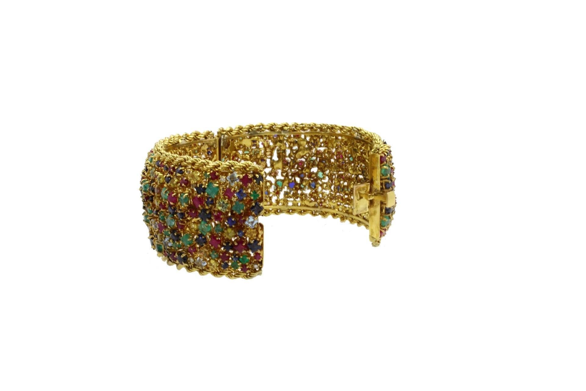 Retro Luise Gold Diamond Sapphire Ruby Emerald Aquamarine Clamper Bracelet