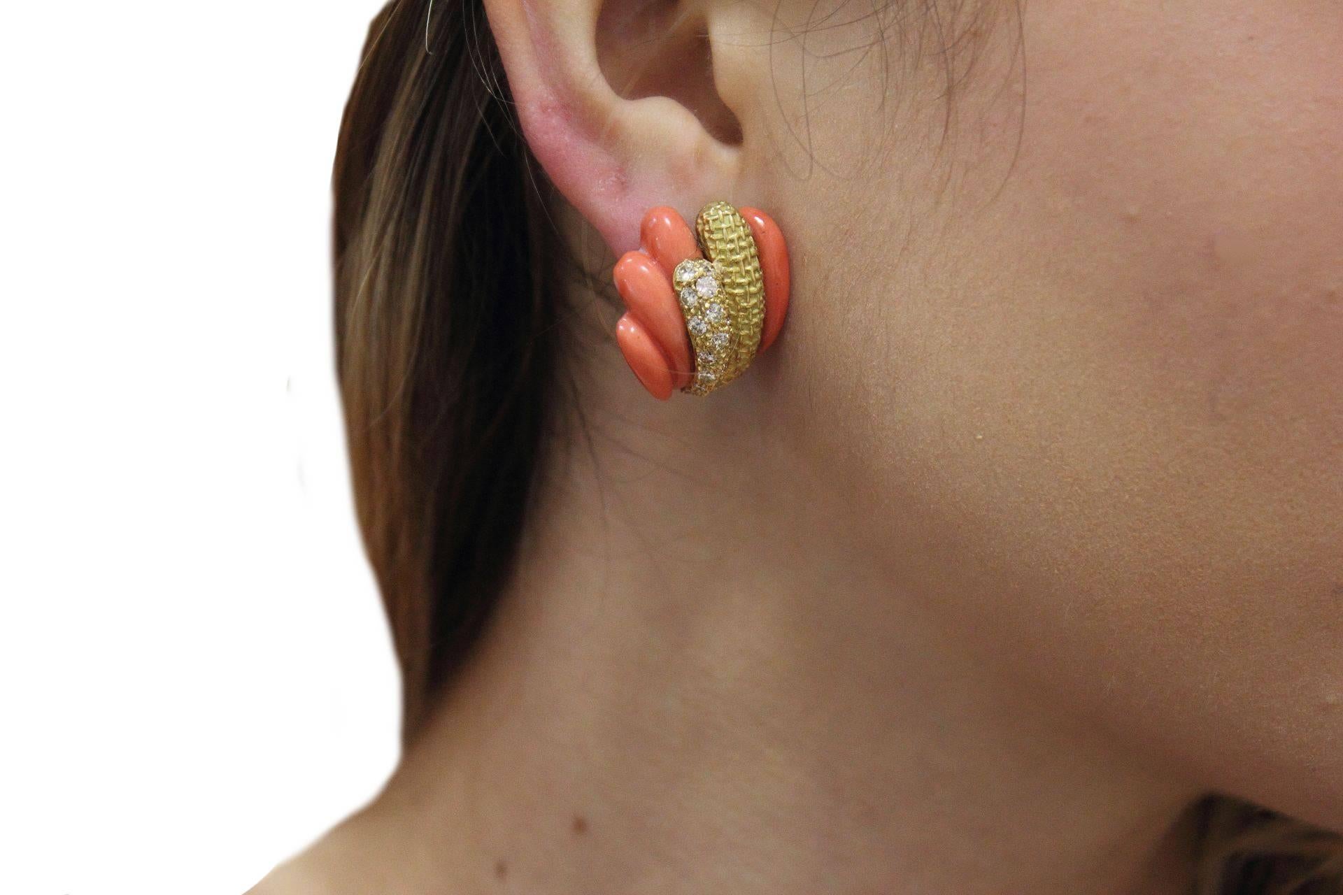 Women's or Men's  Diamond Gold Coral Clip-On Earrings