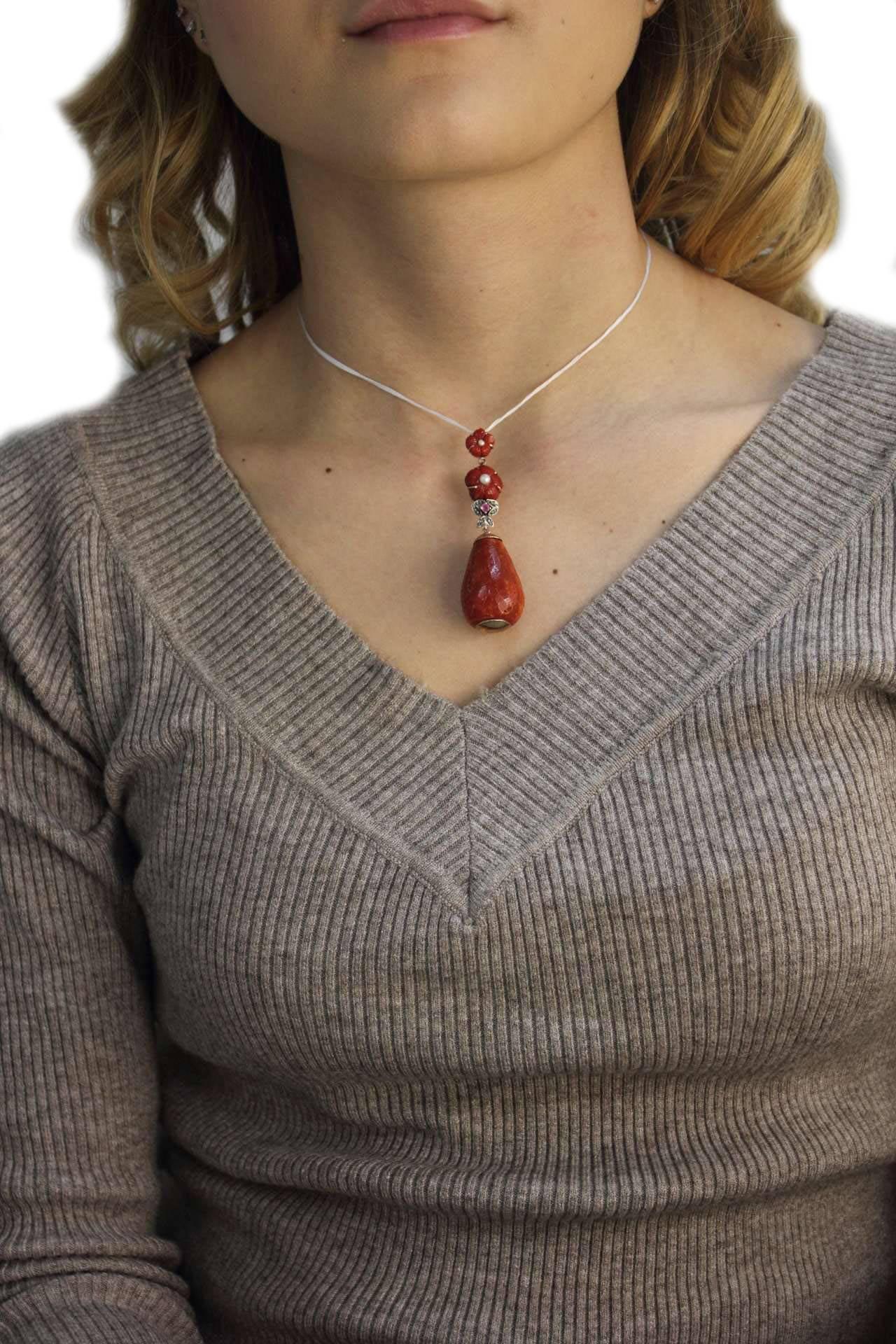 Retro Red Corals Flowers and Drop, Pearl, Ruby, Diamonds Silver and Rose Gold Pendant
