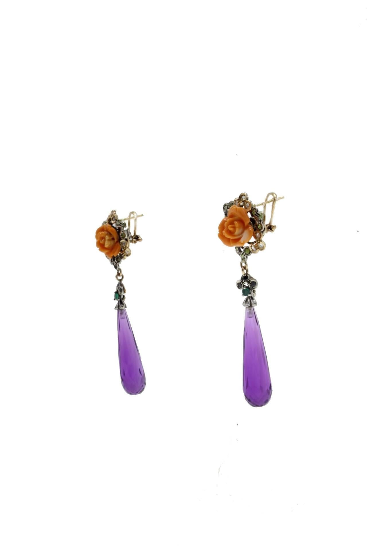 Retro Coral Amethyst Sapphire Diamond Silver Gold Dangle Earrings