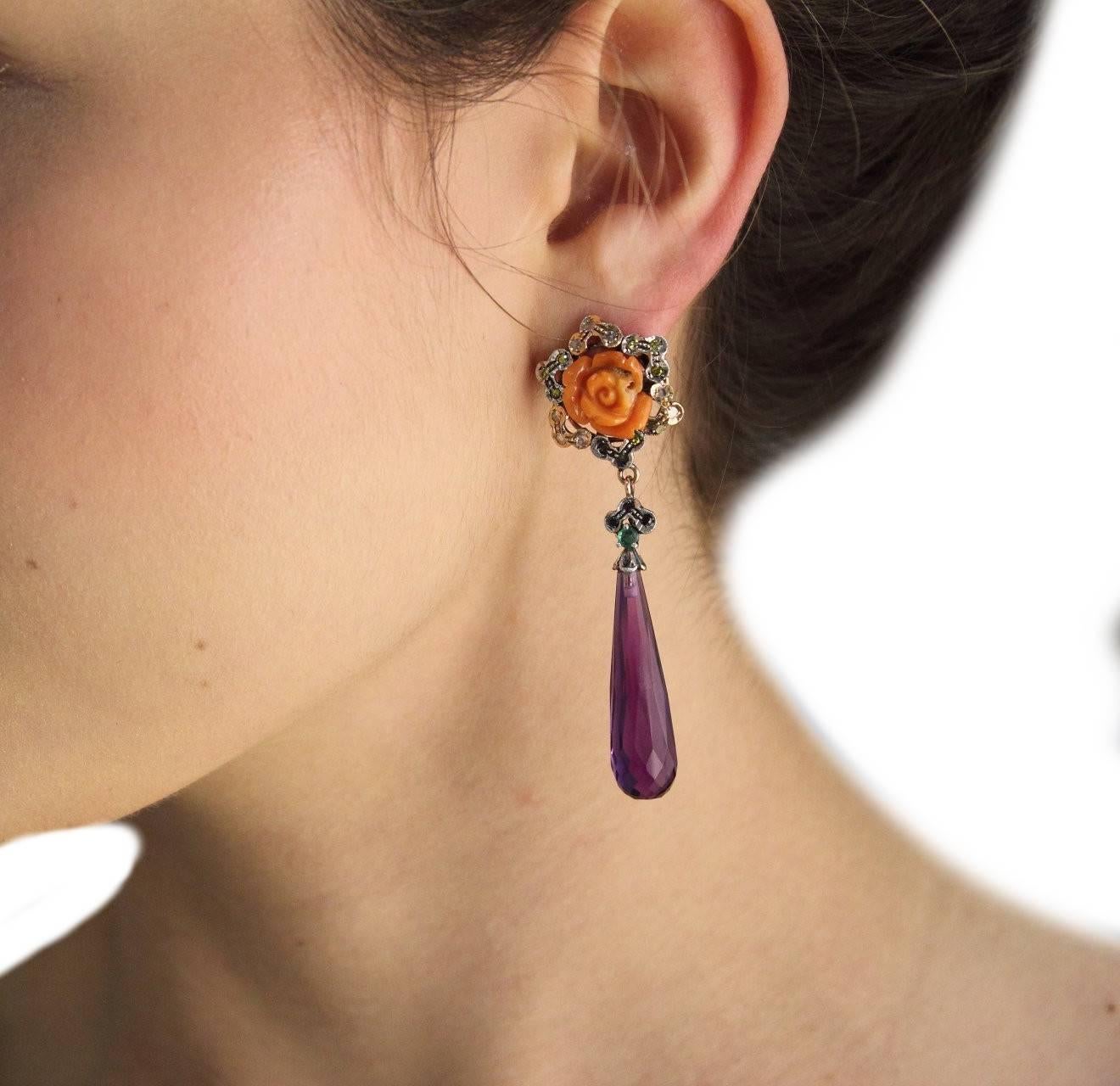 Coral Amethyst Sapphire Diamond Silver Gold Dangle Earrings In Good Condition In Marcianise, Marcianise (CE)