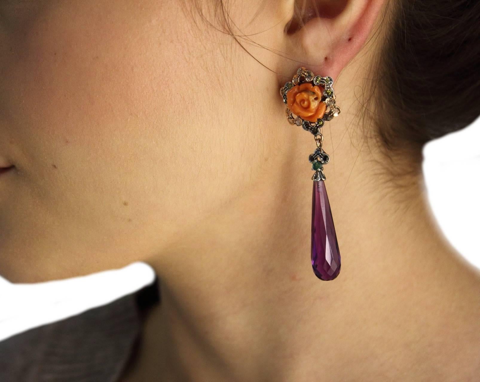 Women's Coral Amethyst Sapphire Diamond Silver Gold Dangle Earrings