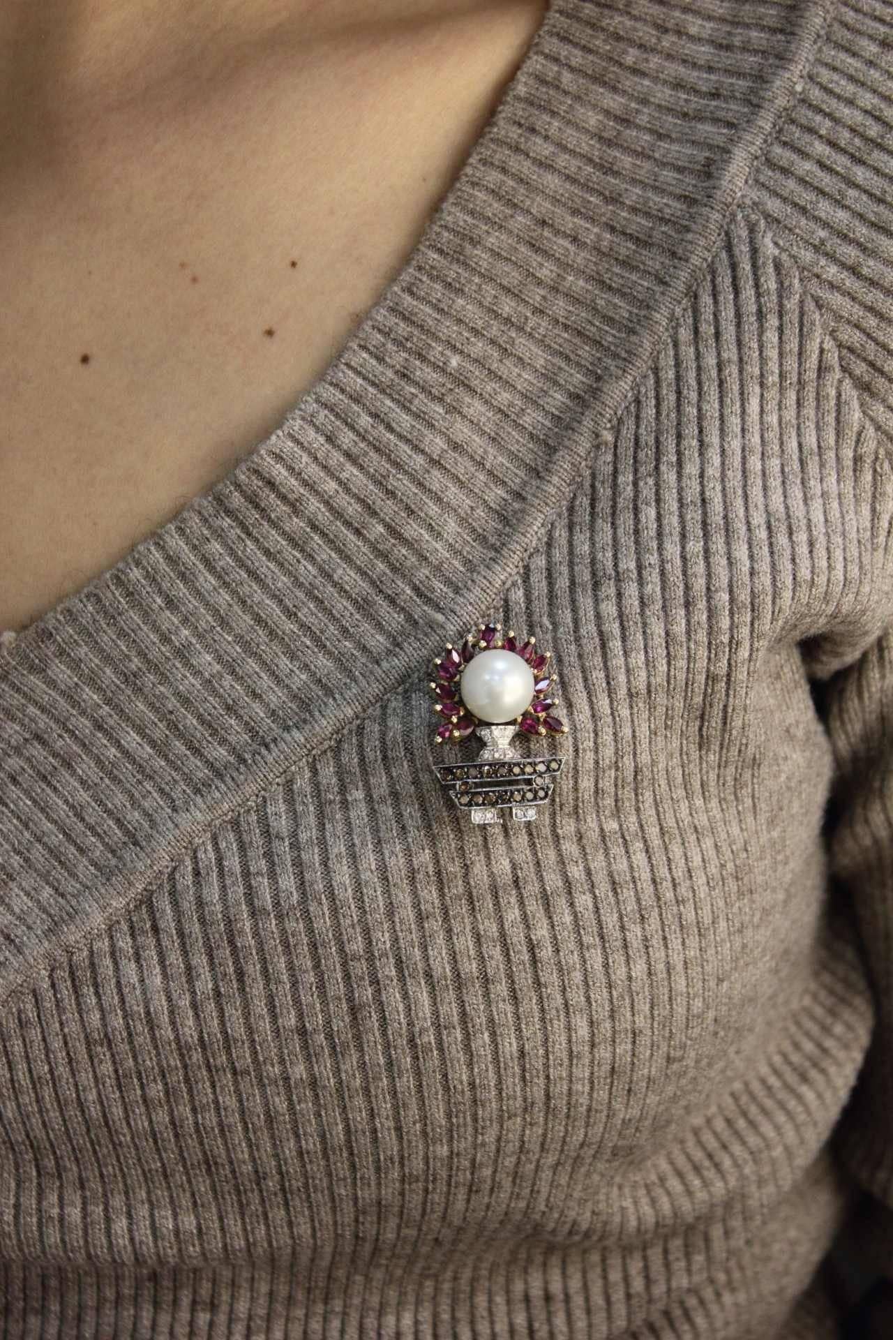 Women's Gold Diamond Ruby Pearl Pendant/Brooch For Sale