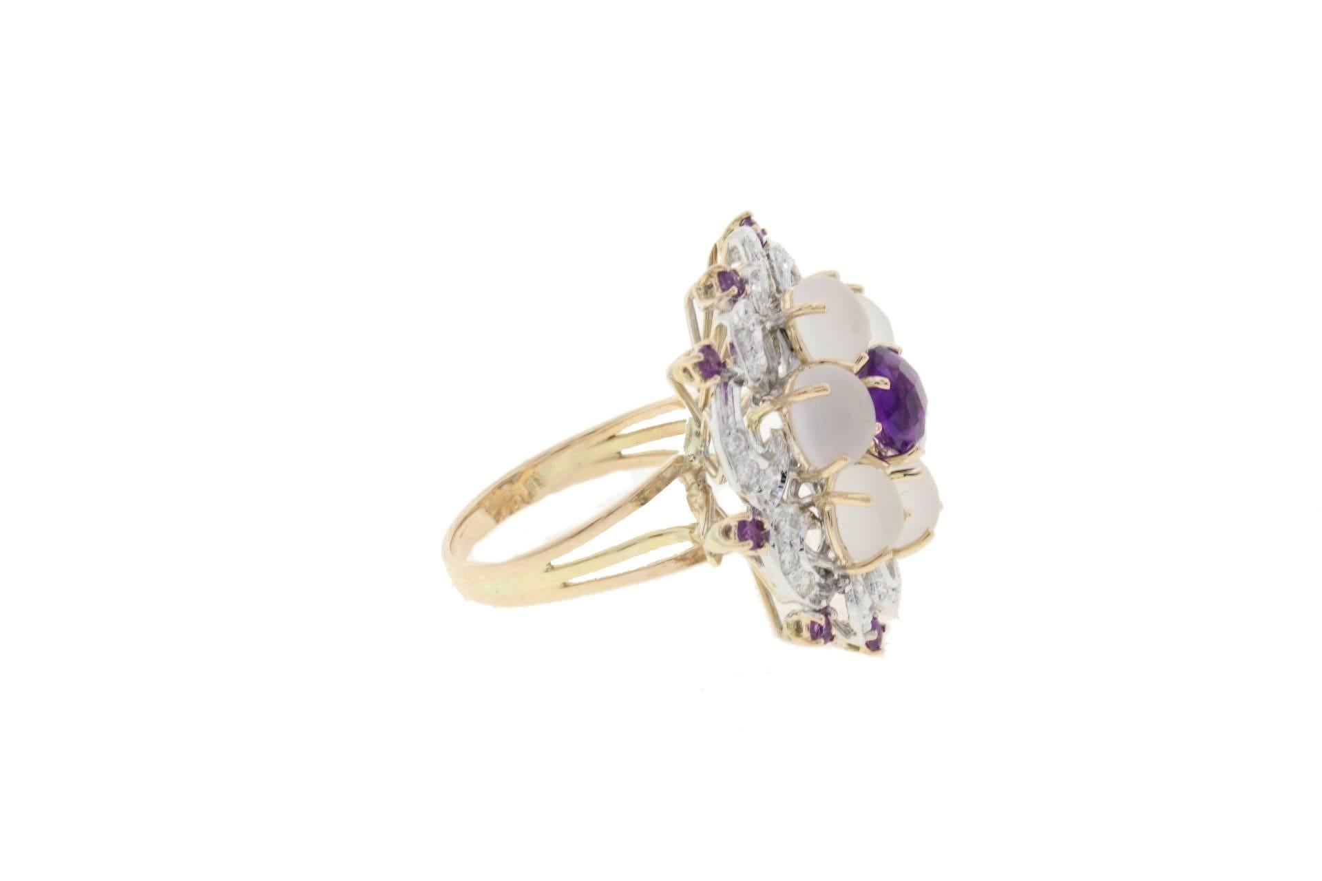 Retro  Amethyst Rock Crystal Diamond Gold Cluster Ring