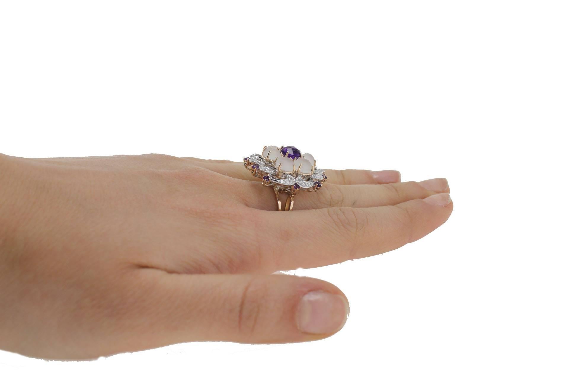  Amethyst Rock Crystal Diamond Gold Cluster Ring In Good Condition In Marcianise, Marcianise (CE)