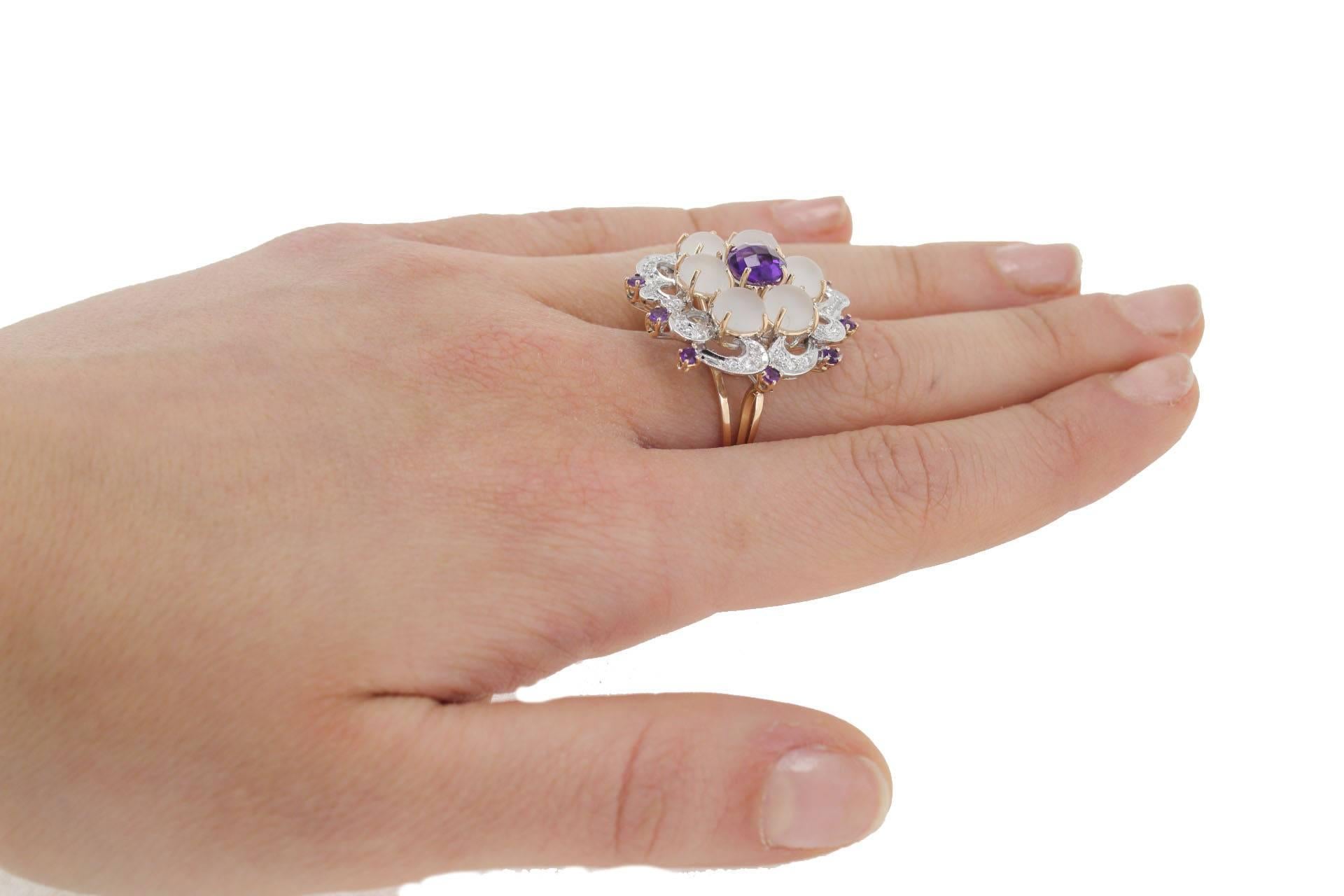 Women's  Amethyst Rock Crystal Diamond Gold Cluster Ring