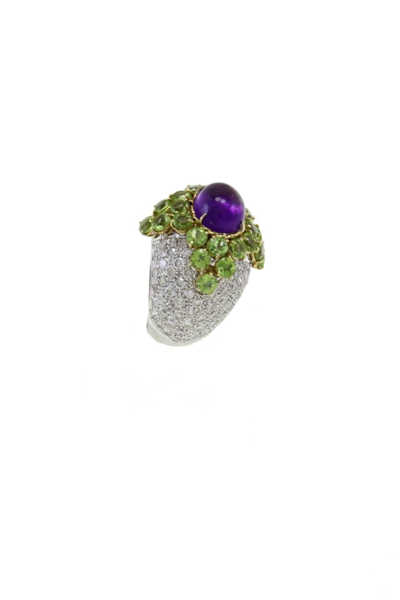 Retro ct 9, 03 Peridot Amethyst and ct 4, 29 Diamond Gold Cocktail Ring For Sale
