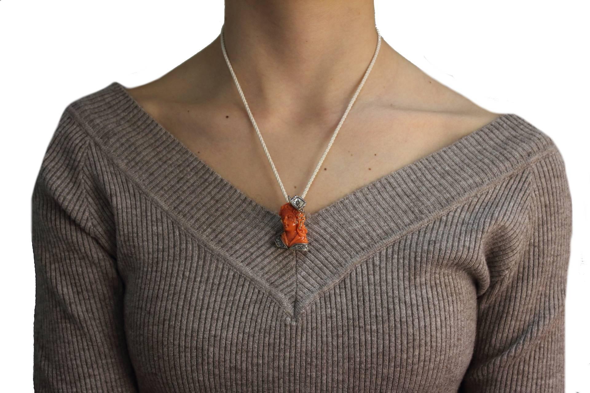 Retro Engraved Face on Coral, Diamonds, Silver and Rose Gold Pendant Necklace For Sale