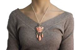 Engraved Face/Drops  Coral, Diamond, Ruby, Emerald, Sapphire, Pendant Necklace
