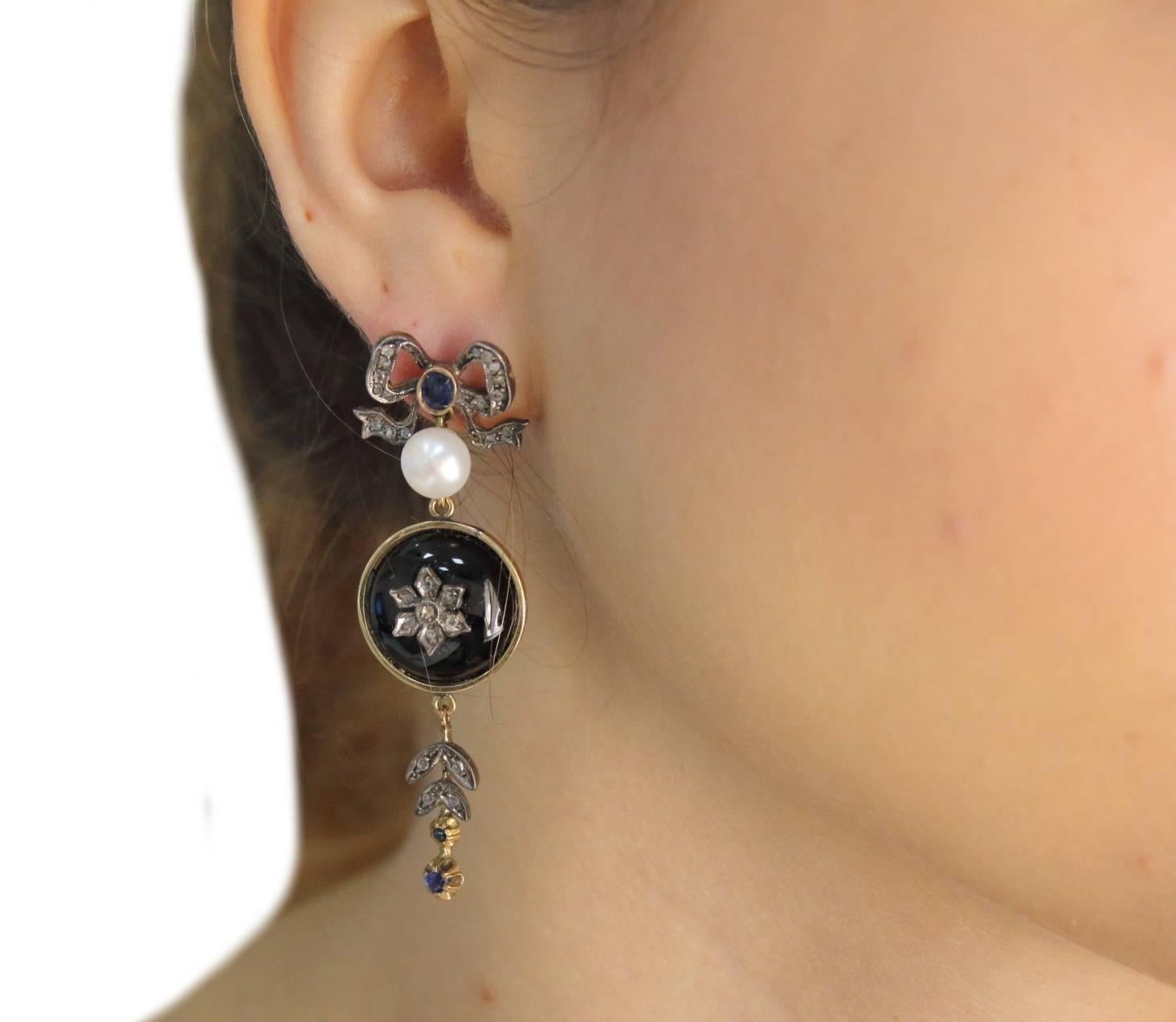 Gold Silver Diamond Sapphire Pearl Onyx Dangle Earrings In Good Condition In Marcianise, Marcianise (CE)