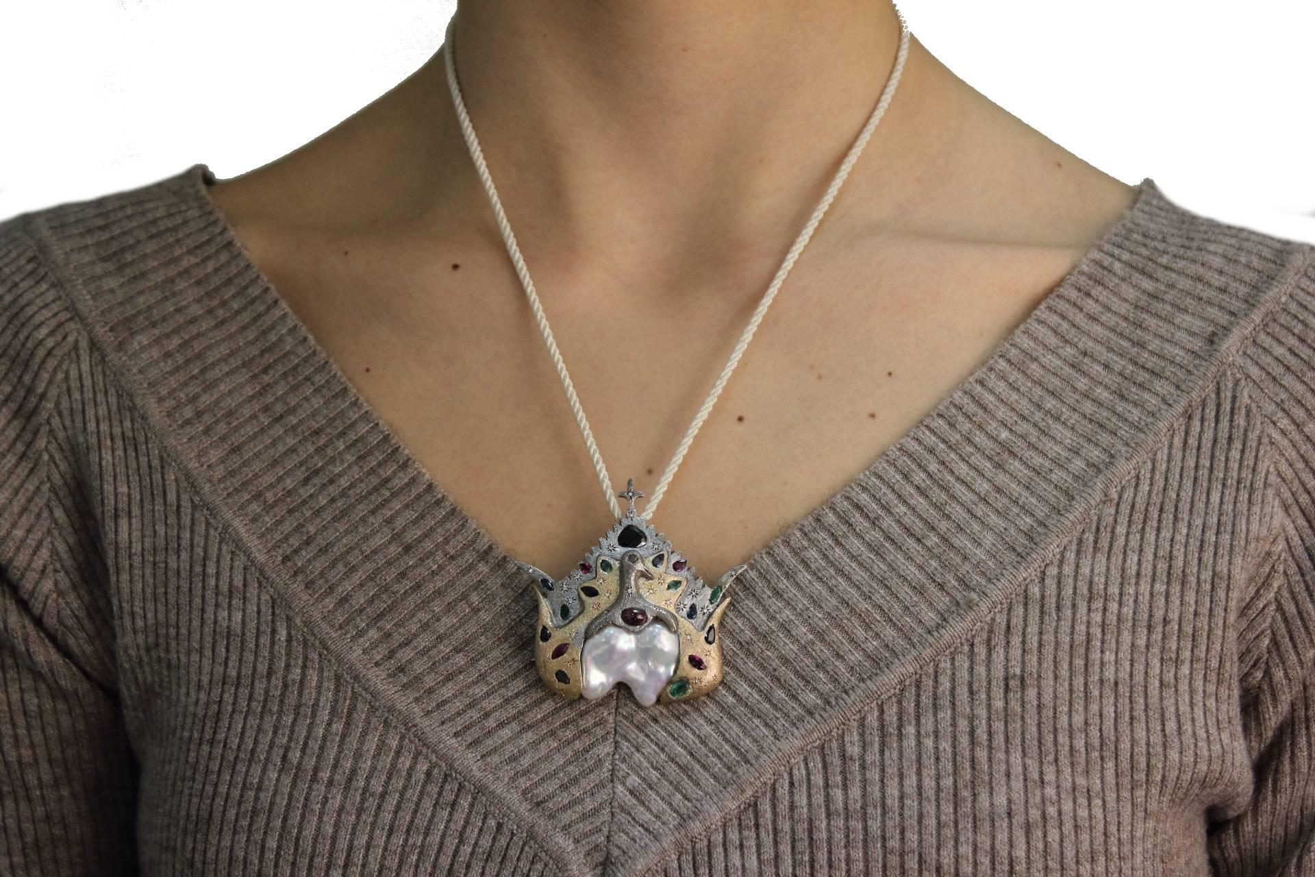 Women's Gold Silver Diamond Ruby Emerald Sapphire Baroque Pearl Brooch/Pendant For Sale
