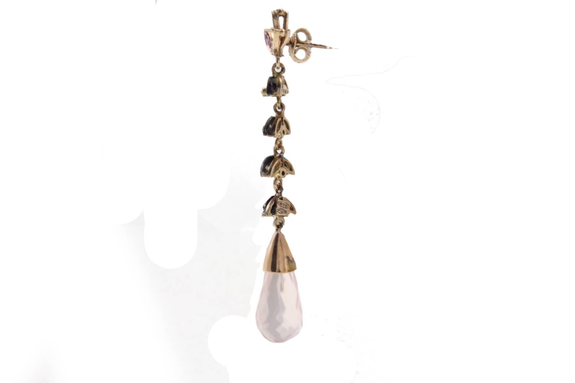 Retro  Quartz Ruby Silver Diamond Gold Dangle Earrings For Sale