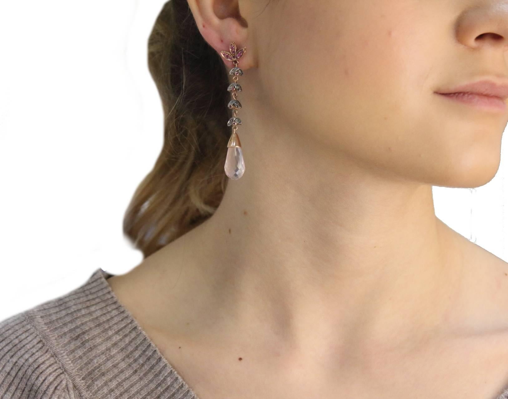 Taglio misto Orecchini pendenti in quarzo, rubino, argento, diamante e oro in vendita