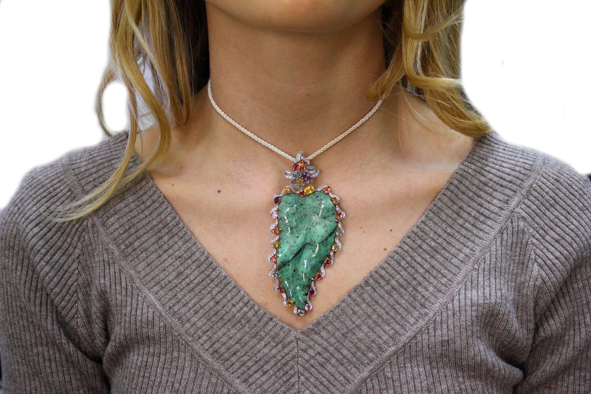 Women's Diamond Multicolored Sapphire, 14KT Gold Leaf Pendant For Sale