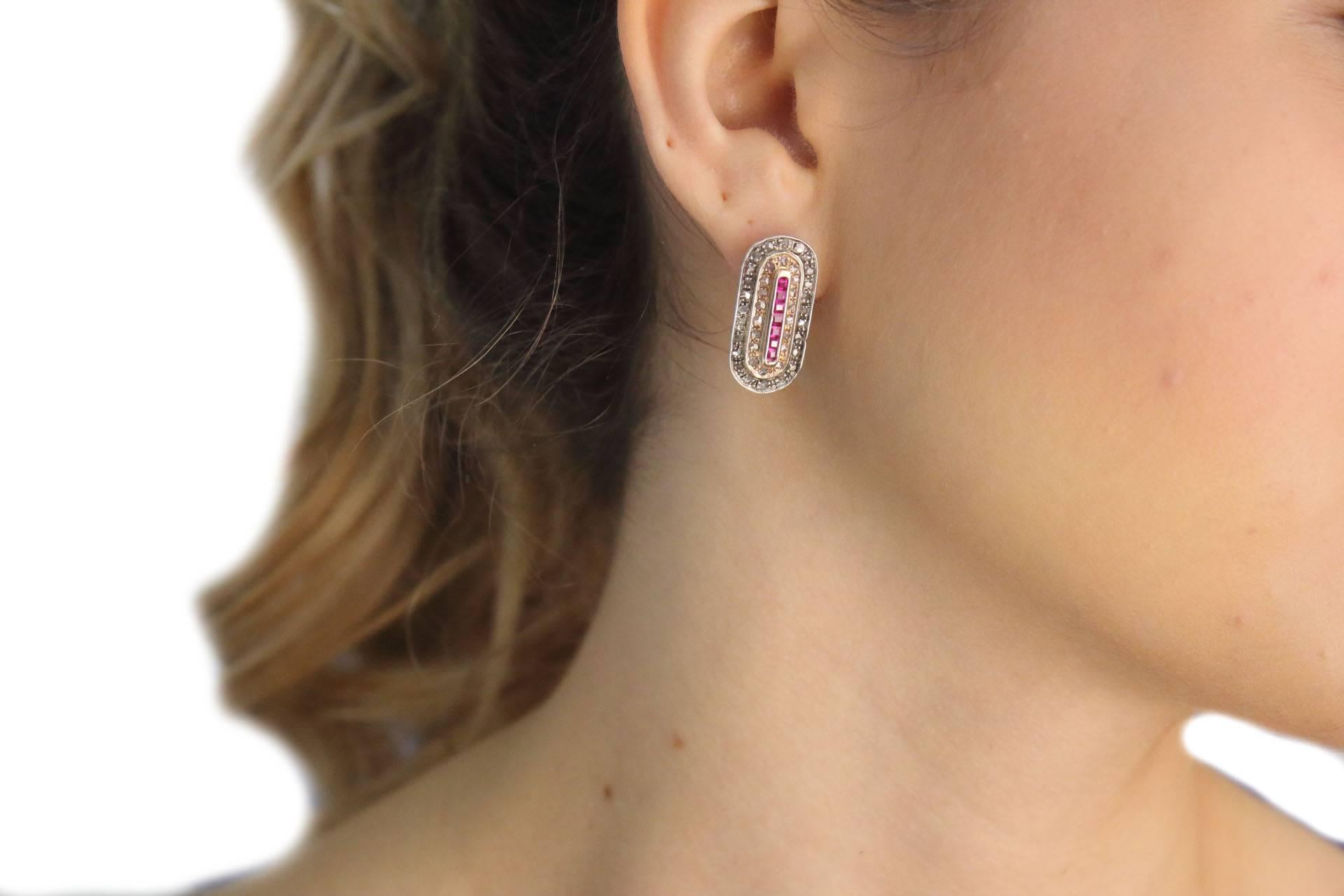 Mixed Cut Diamond Ruby Gold and Silver Earrings