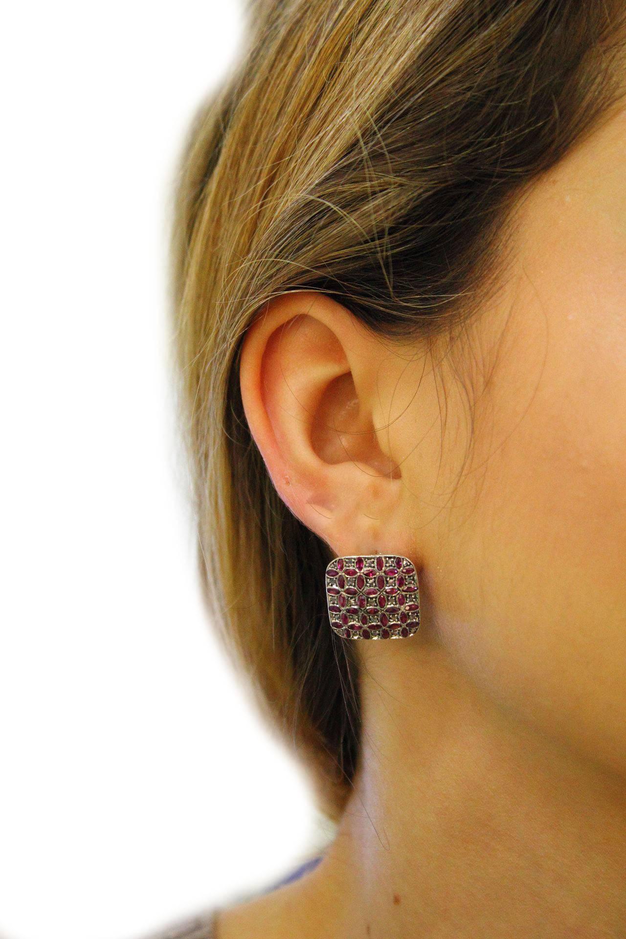  Gold and Silver Diamond Ruby Stud Earring In Good Condition In Marcianise, Marcianise (CE)