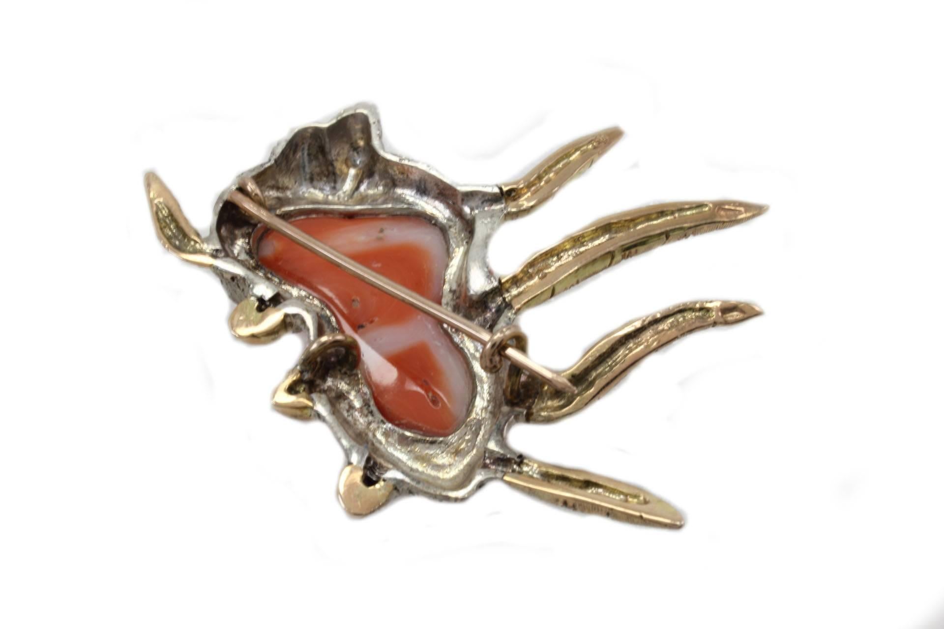 Retro Diamonds, Red/Orange Coral, Rose Gold and Silver Brooch or Pendant Necklace For Sale