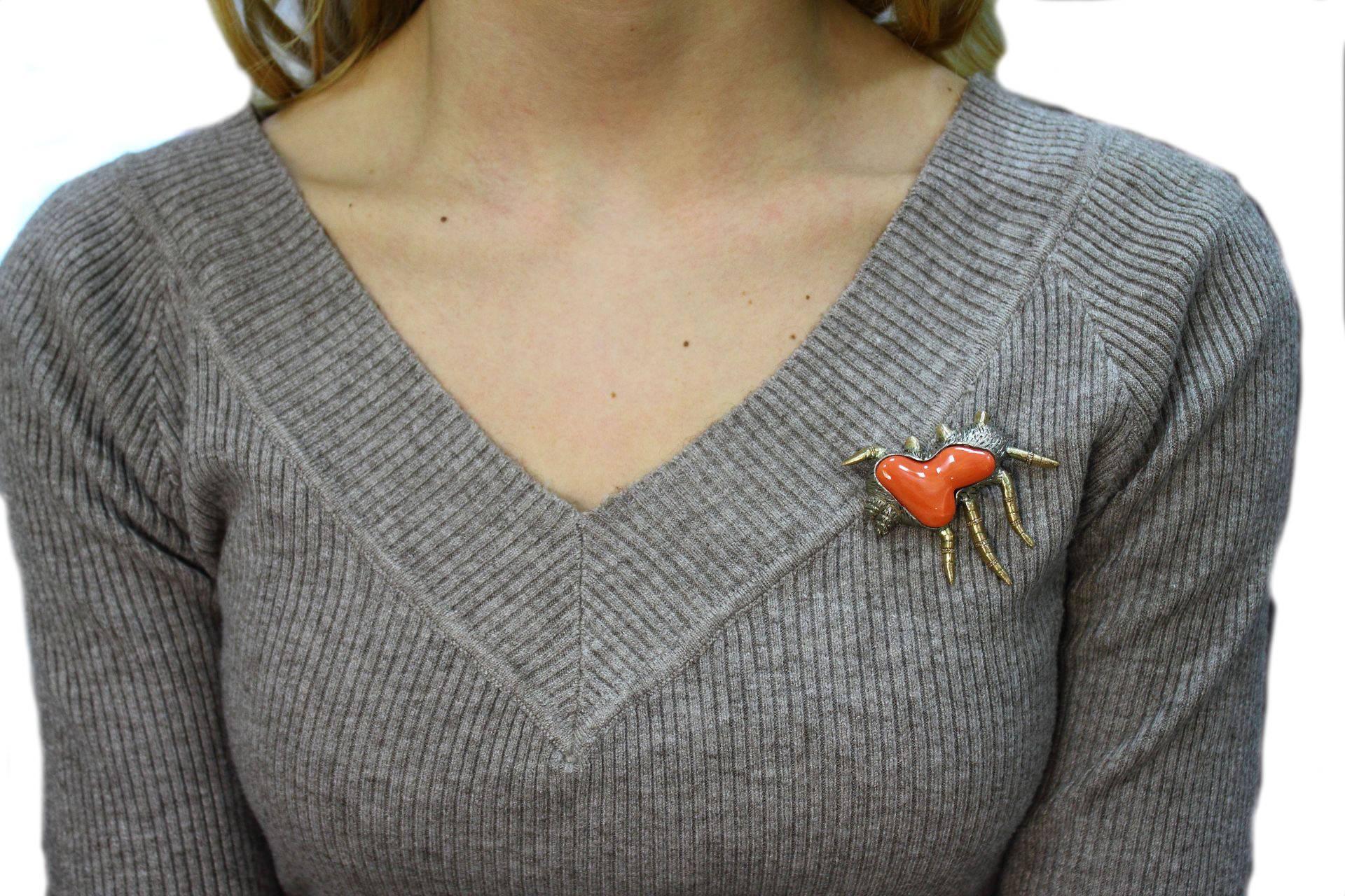 Women's Diamonds, Red/Orange Coral, Rose Gold and Silver Brooch or Pendant Necklace For Sale