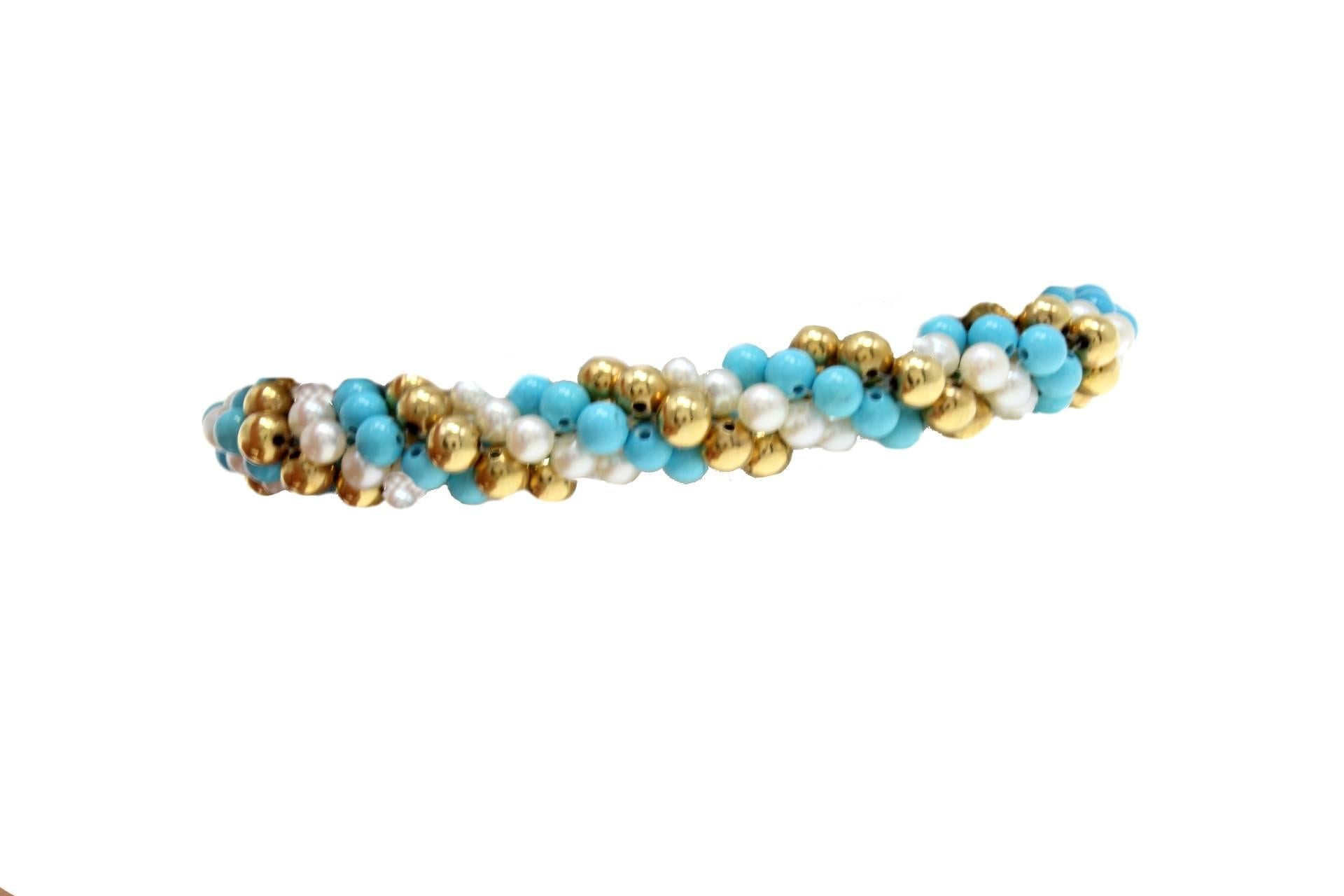 Retro  Turquoise Pearl 18 kt Gold Bracelet For Sale