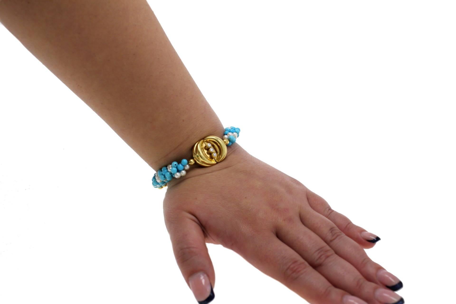  Turquoise Pearl 18 kt Gold Bracelet In Good Condition For Sale In Marcianise, Marcianise (CE)