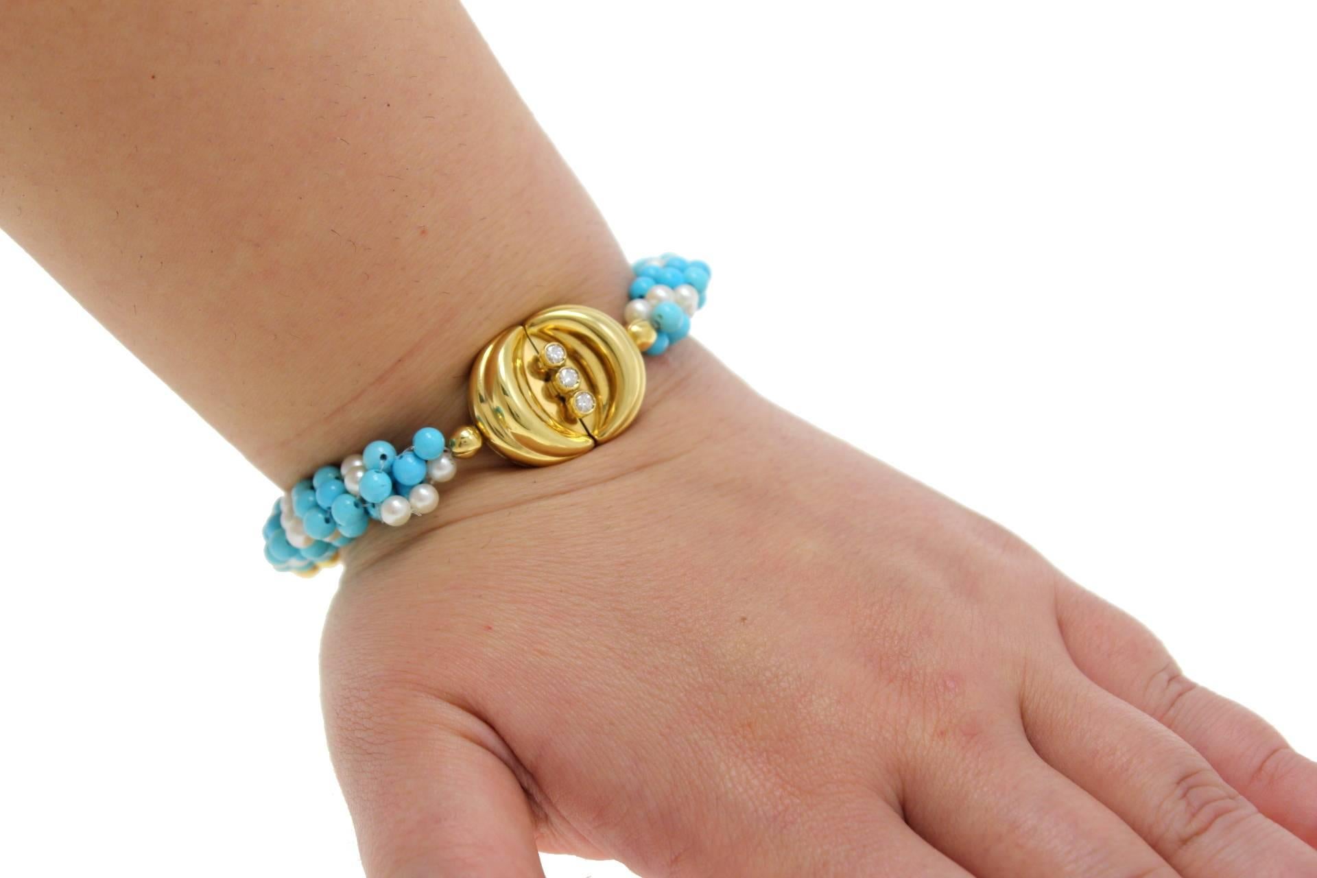 Bead Turquoise Pearl 18 kt Gold Bracelet For Sale