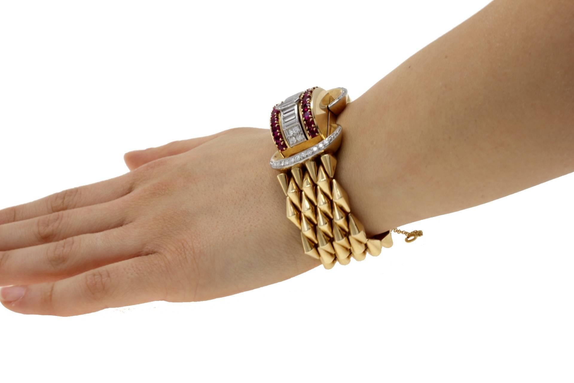 Brilliant Cut  Gold Diamond Ruby Bracelet/Watch