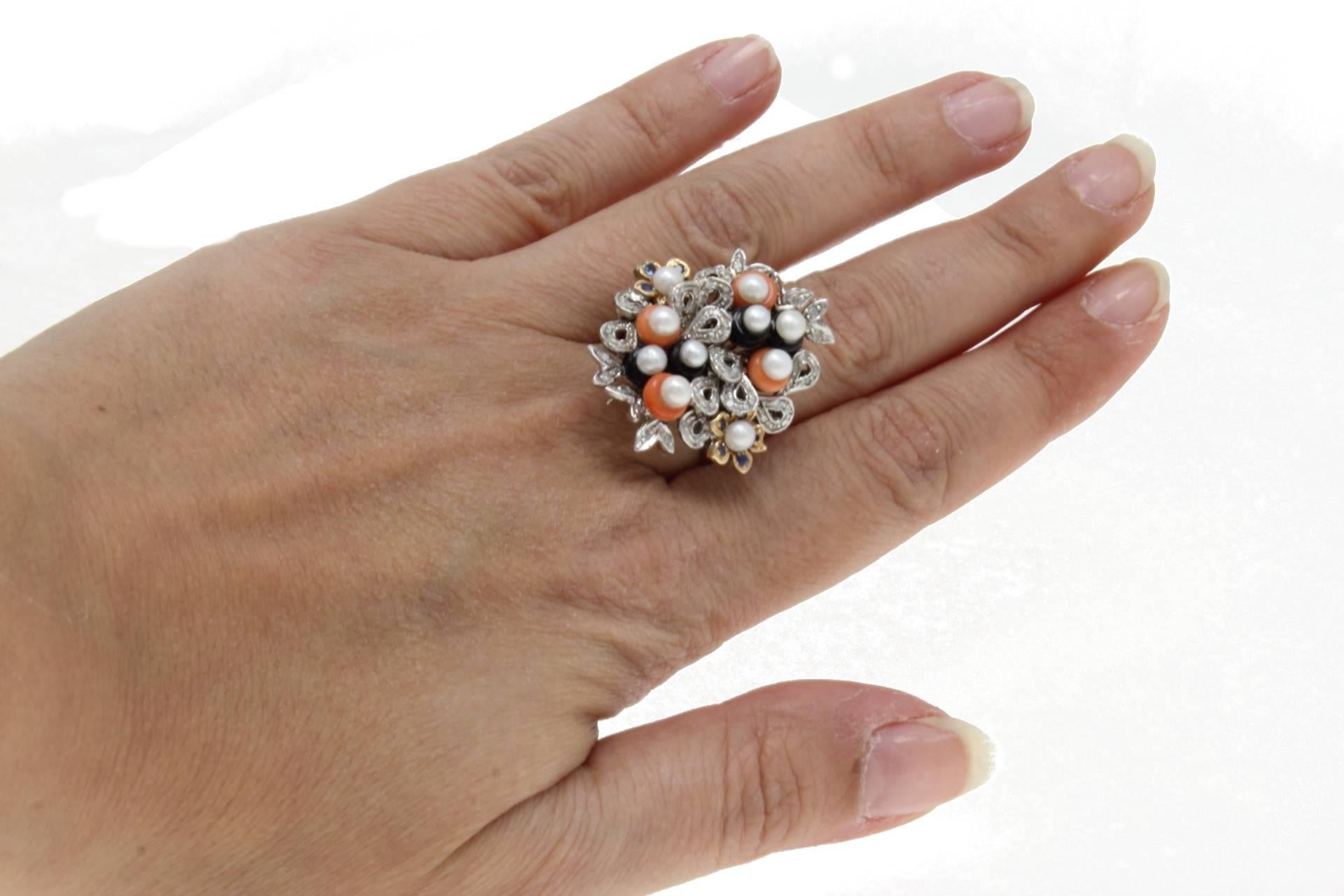 Retro  Gold Diamond Sapphire Coral Onyx Cluster Ring For Sale