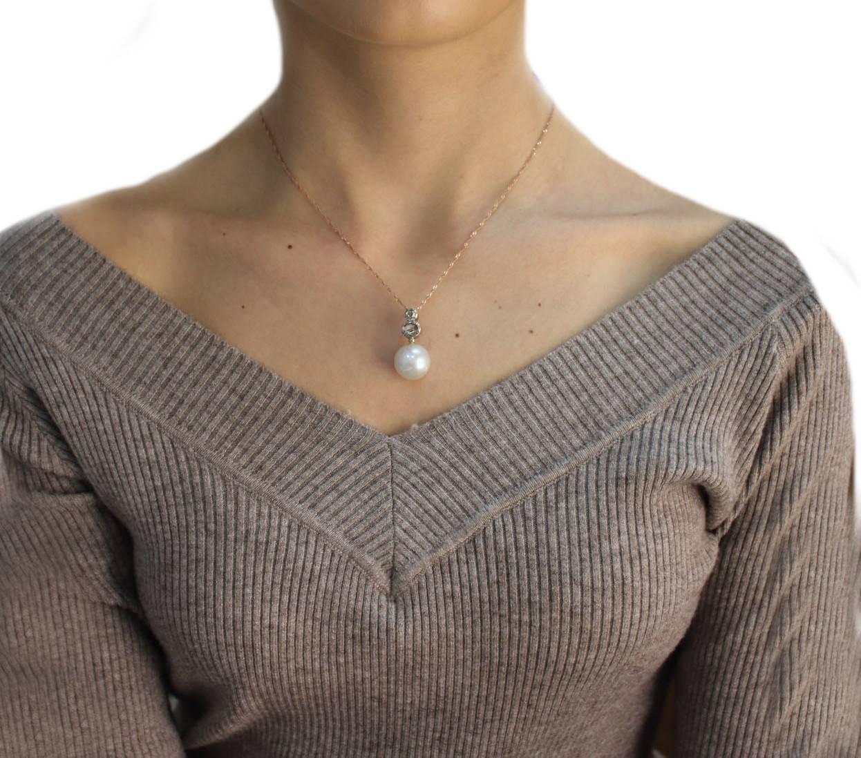 Mixed Cut Gold Silver Diamond Pearl Pendant Necklace