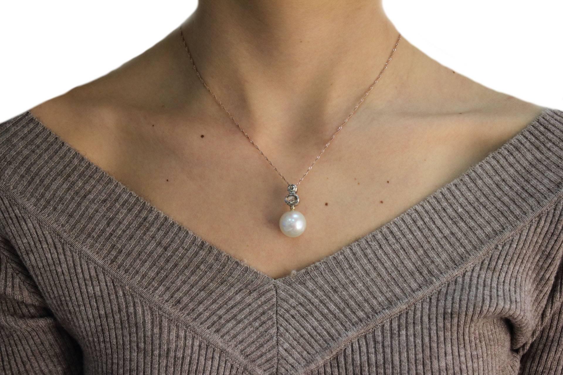 Gold Silver Diamond Pearl Pendant Necklace In Good Condition In Marcianise, Marcianise (CE)