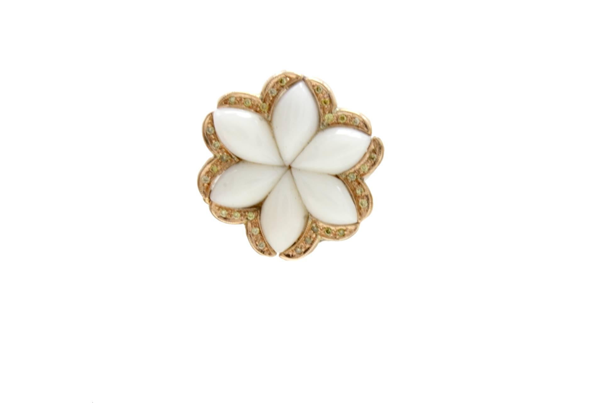 SHIPPING POLICY: 
No additional costs will be added to this order. 
Shipping costs will be totally covered by the seller (customs duties included).

Fascinating flower shaped earrings in 14K rose gold with white coral petals surrouded by fancy green