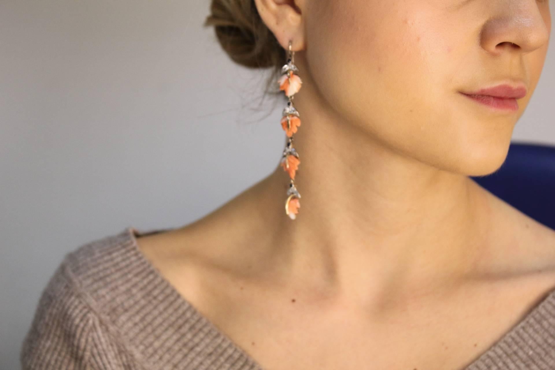 Women's  Diamond Sapphire Coral Dangle Earrings