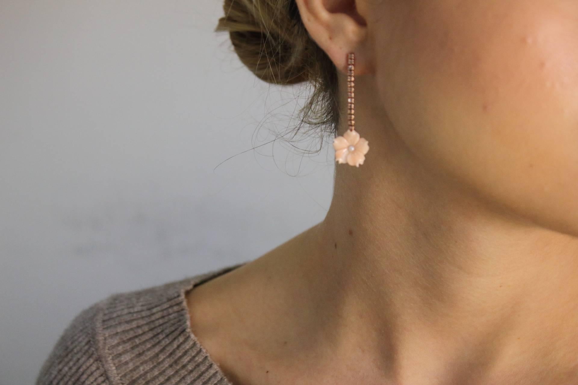Women's Gold Diamond Coral Pearl Earrings