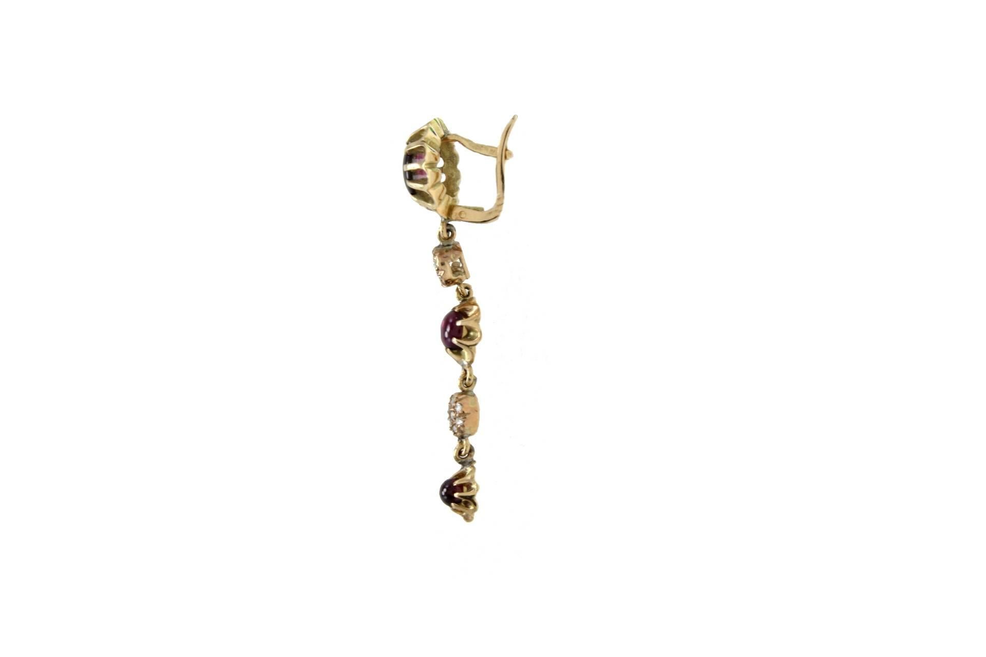 Retro Garnet Diamond Gold Dangle Earrings For Sale