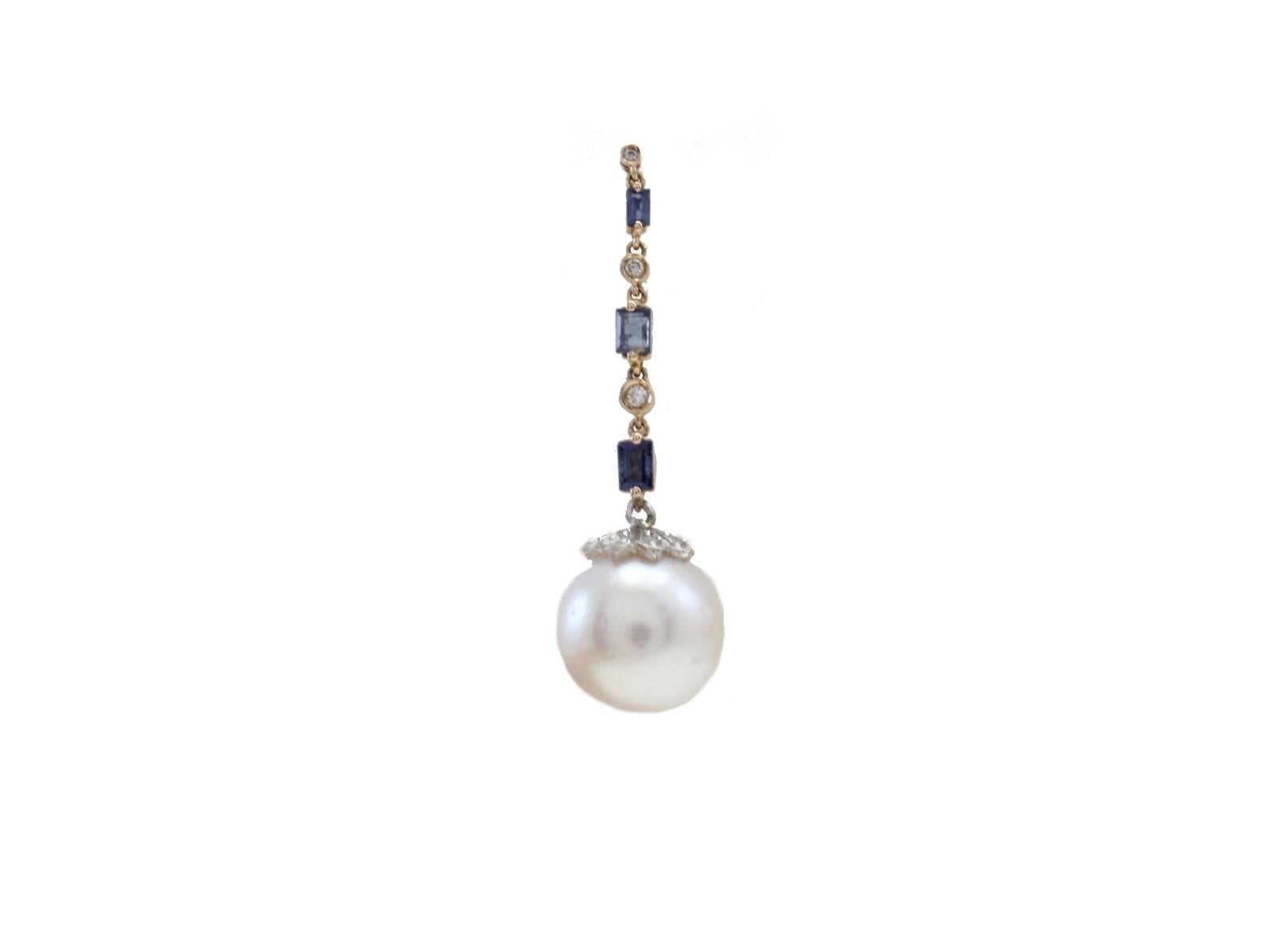 Retro Pearl Sapphire Diamond Gold Dangle Earrings