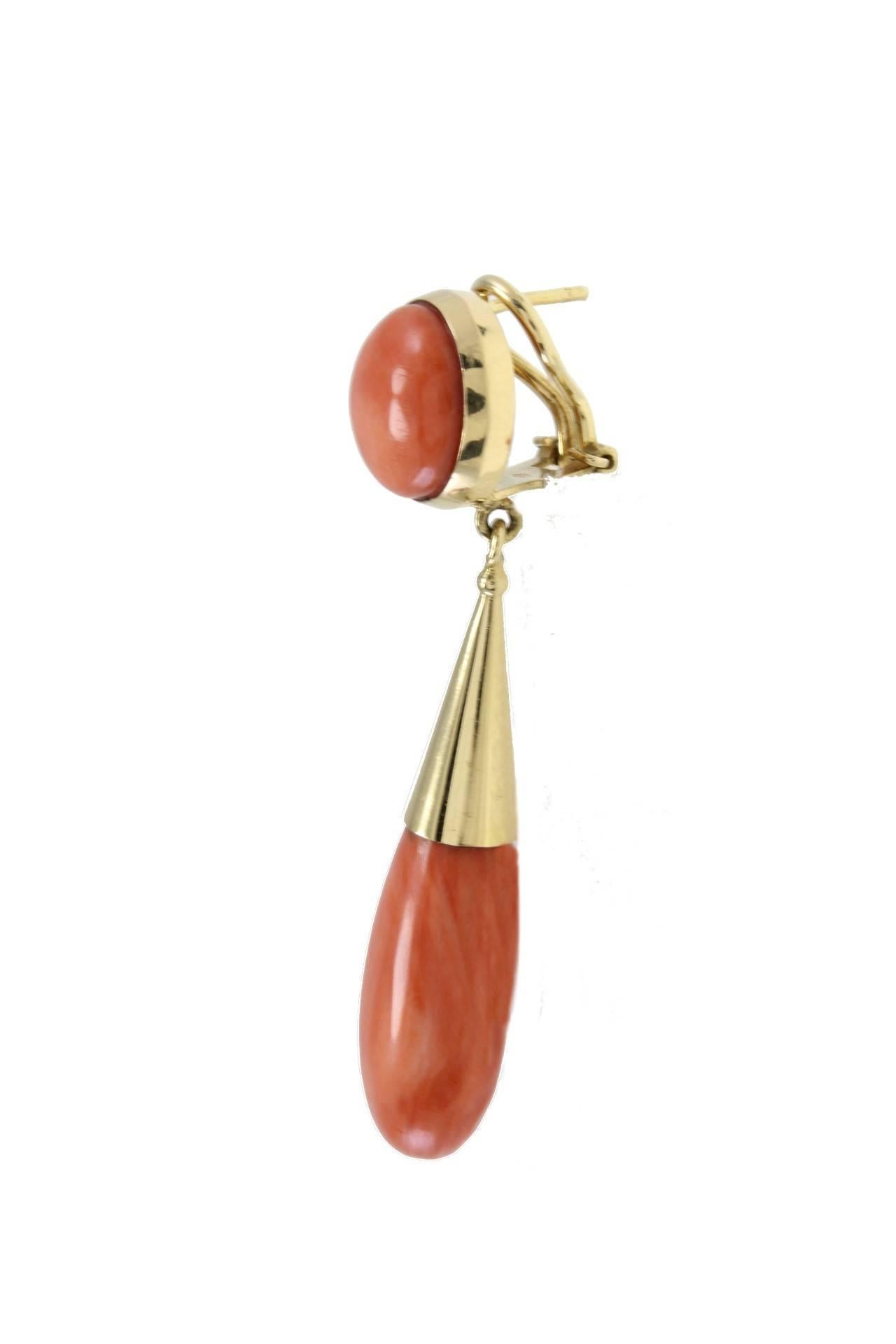 Retro Red Coral Spheres and Drops, 18K Yellow Gold Clip-on/Drop Earrings