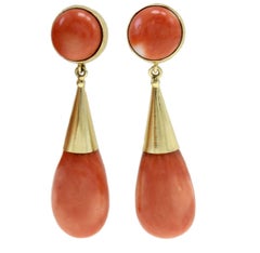 Red Coral Spheres and Drops, 18K Yellow Gold Clip-on/Drop Earrings