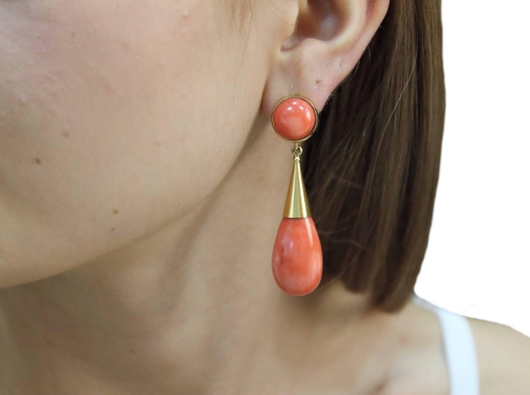 Women's Red Coral Spheres and Drops, 18K Yellow Gold Clip-on/Drop Earrings