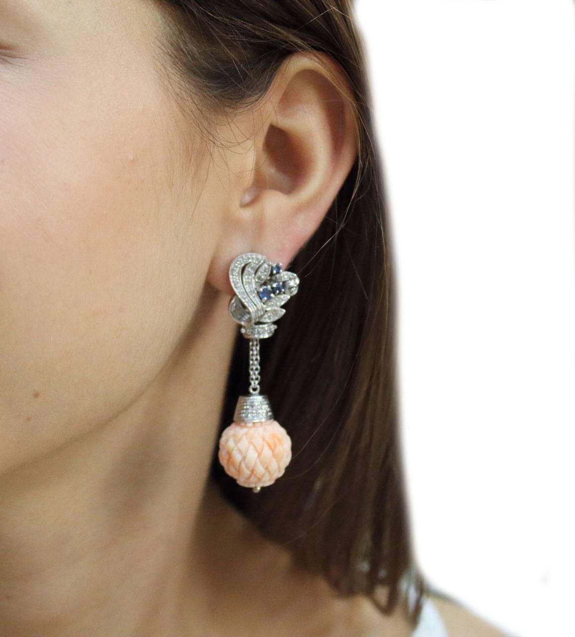 Round Cut Diamonds, Blue Sapphires, Engraved Coral Spheres, White Gold Clip-on Earrin For Sale