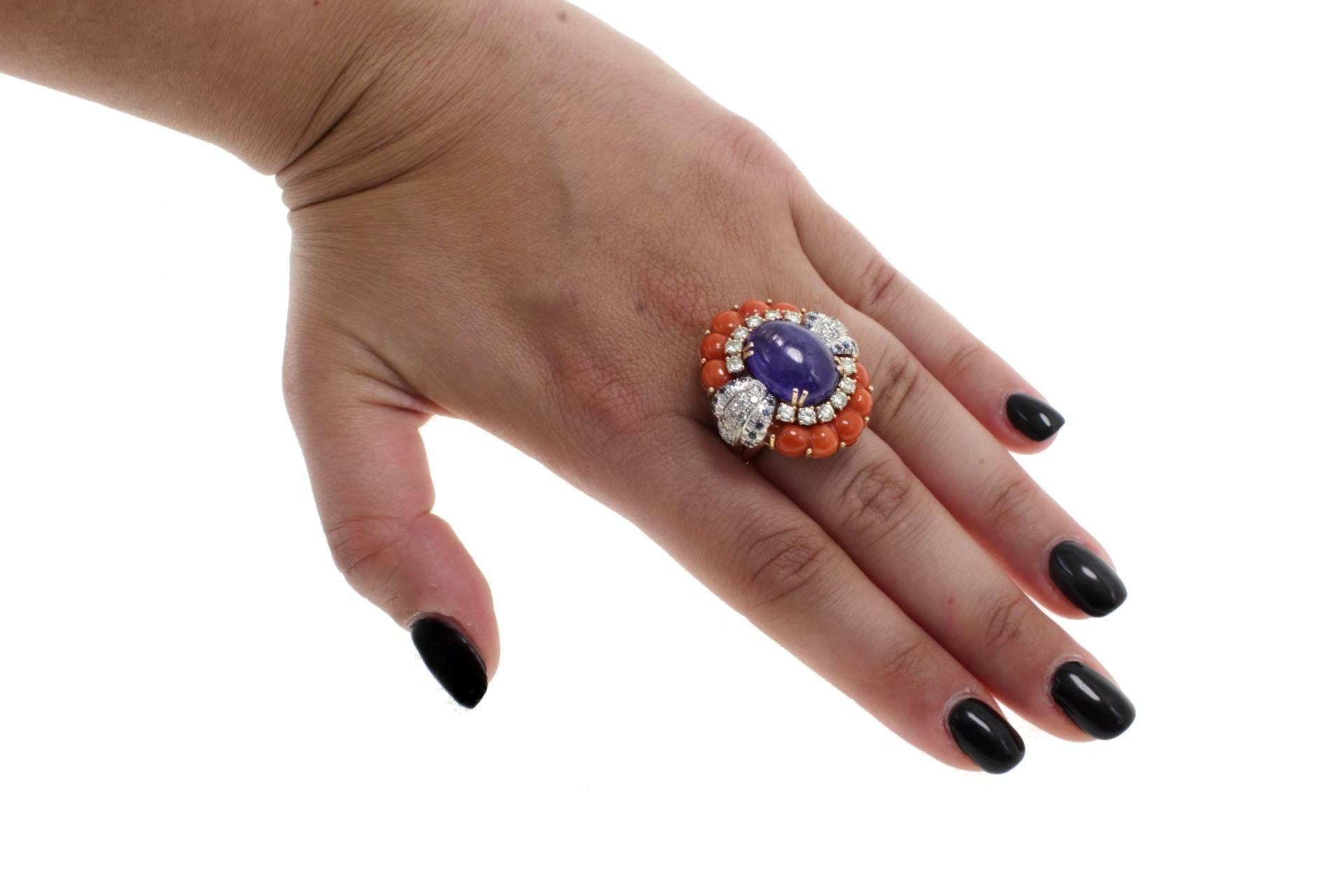 Luise Gold Diamond Sapphire Coral Tanzanite Cocktail Ring In Good Condition In Marcianise, Marcianise (CE)