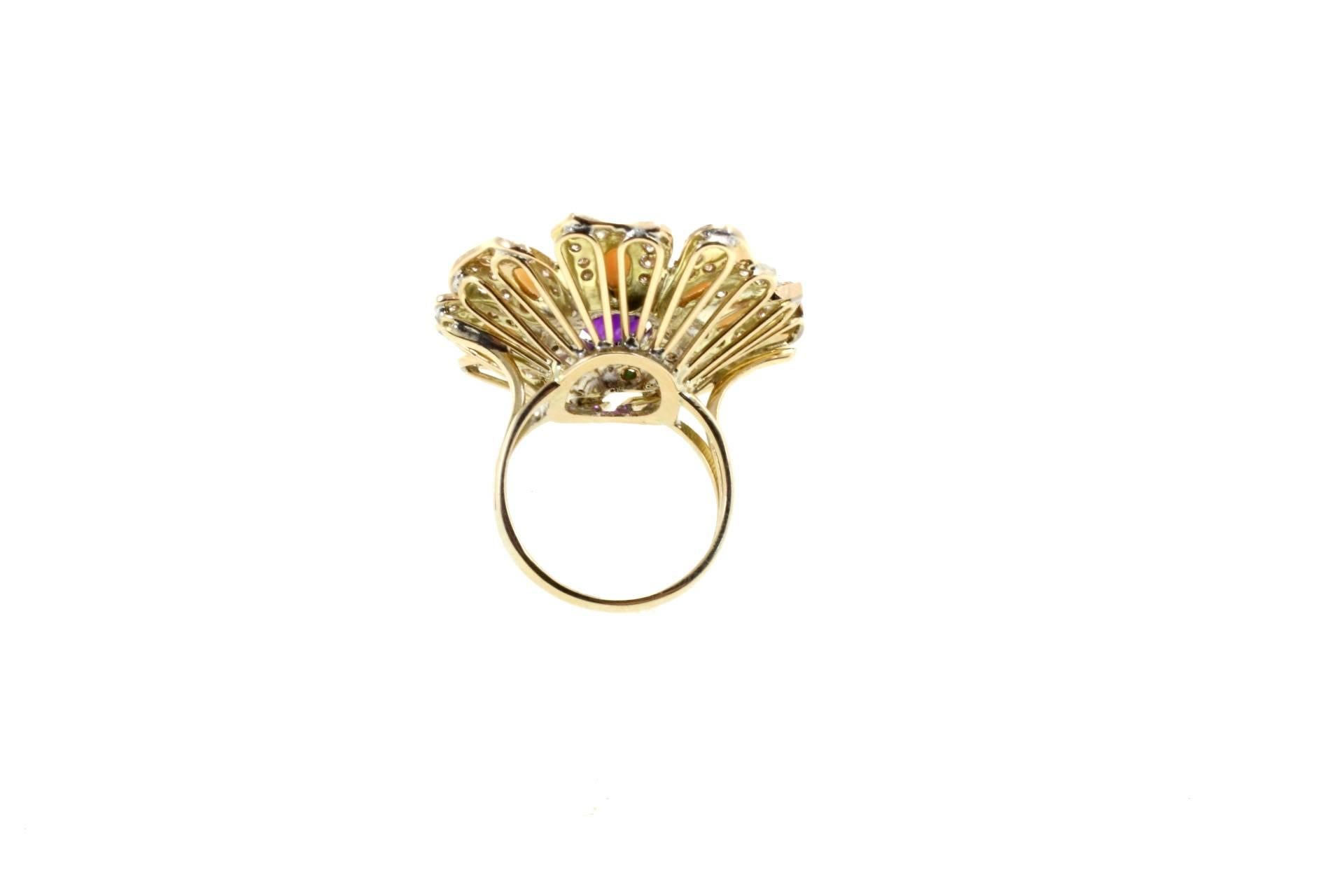 Retro Luise Gold Diamond Emerald Coral Amethyst Cocktail Ring