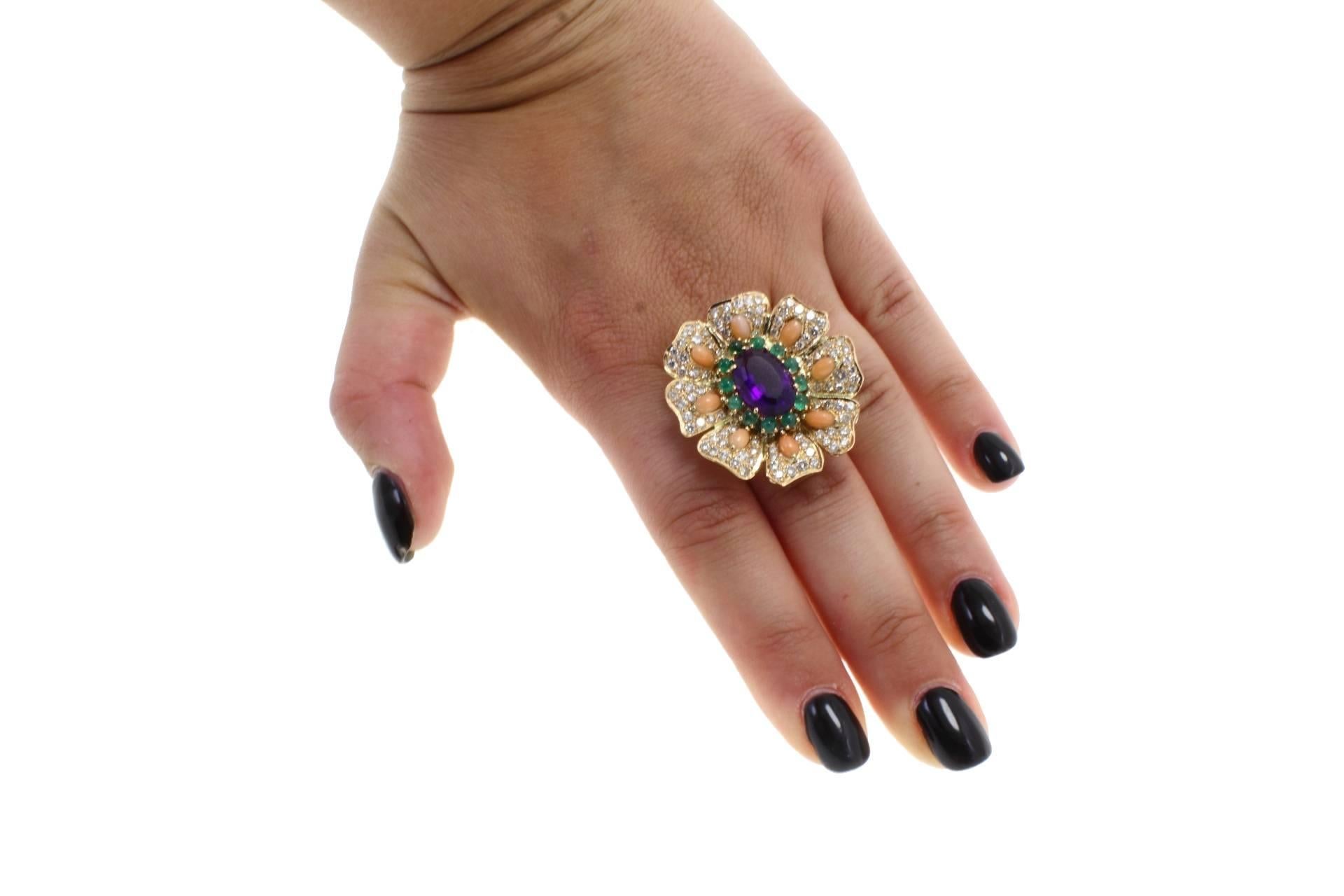 Luise Gold Diamond Emerald Coral Amethyst Cocktail Ring In Good Condition In Marcianise, Marcianise (CE)