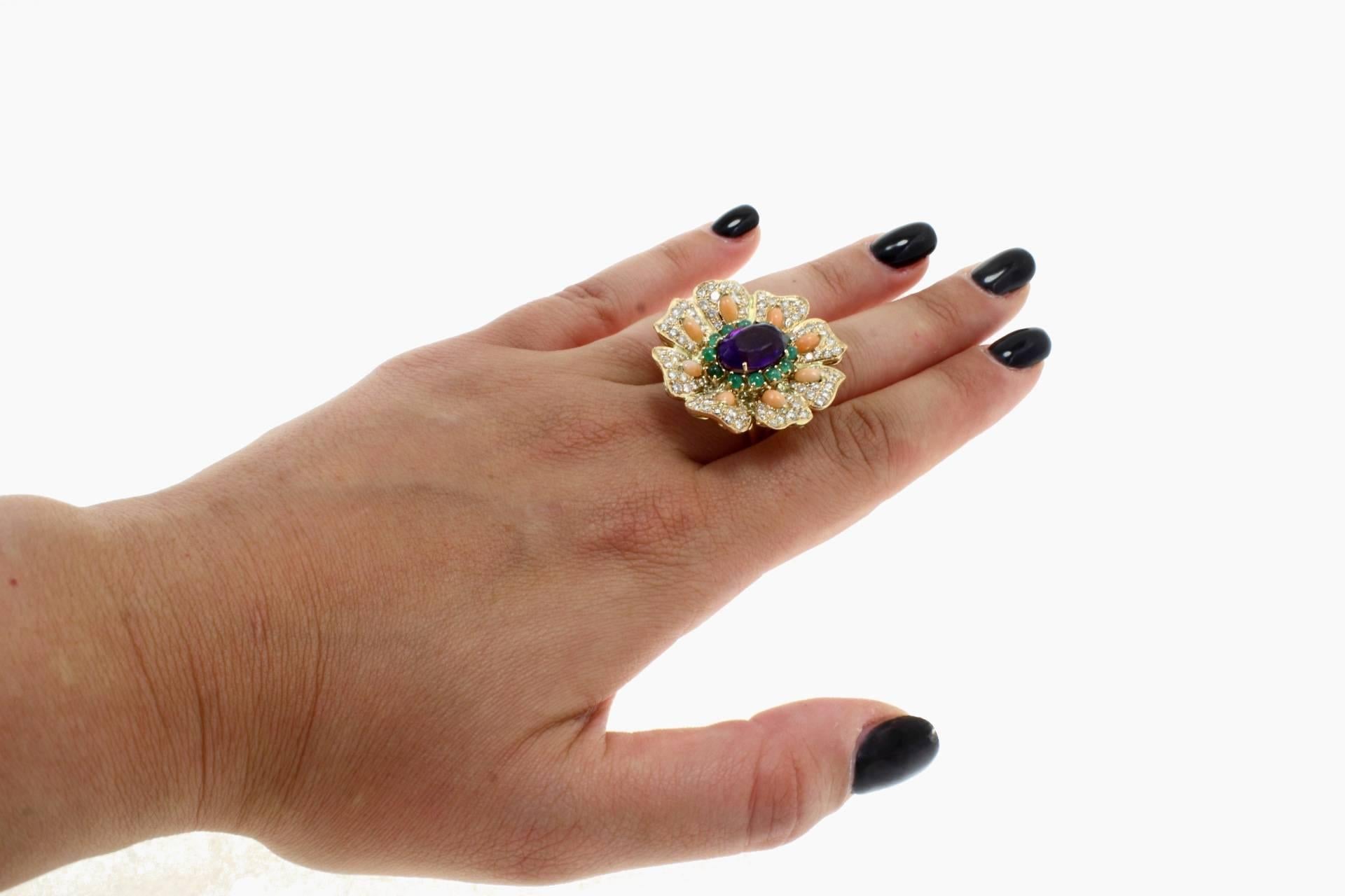 Women's Luise Gold Diamond Emerald Coral Amethyst Cocktail Ring