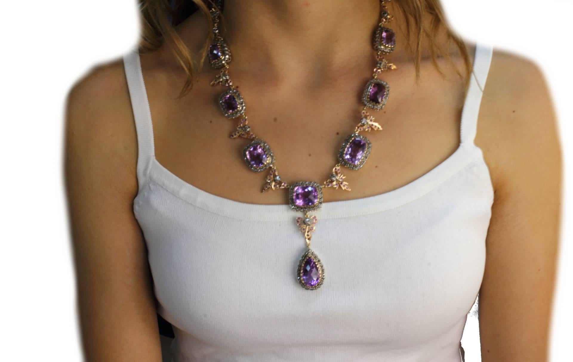 Retro Gold Silver Diamonds Amethyst Drop Necklace For Sale