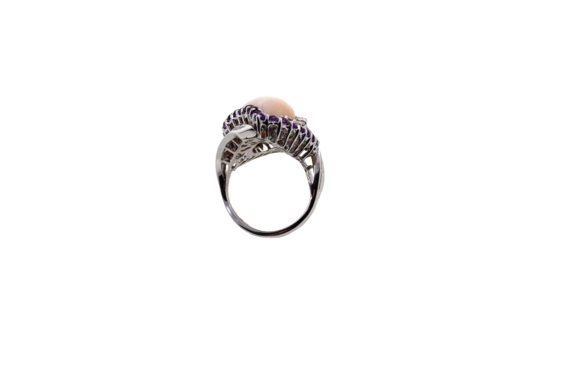 Retro  Gold Diamond Coral Amethyst Cocktail Ring For Sale
